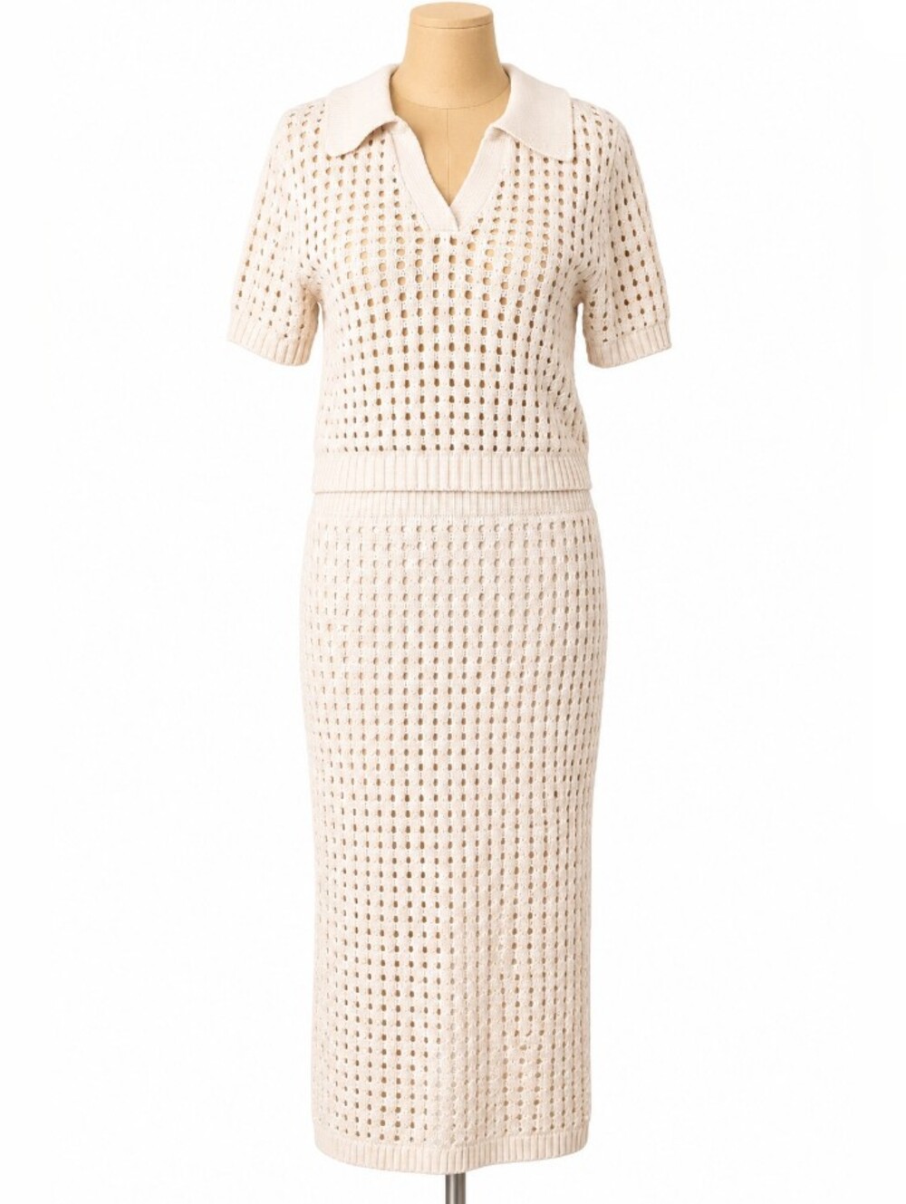 Willow & Wind Cream Knit 2-Piece Skirt Set Open Knit Polo Midi